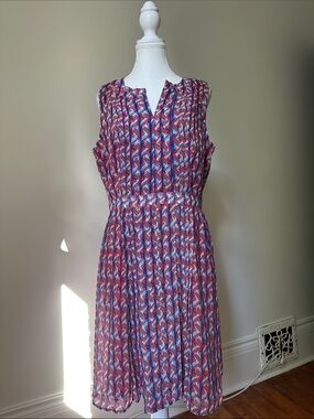 HALOGEN Geometric Print Pleated Sleeveless Preppy Wedding Midi Dress Sz 12
